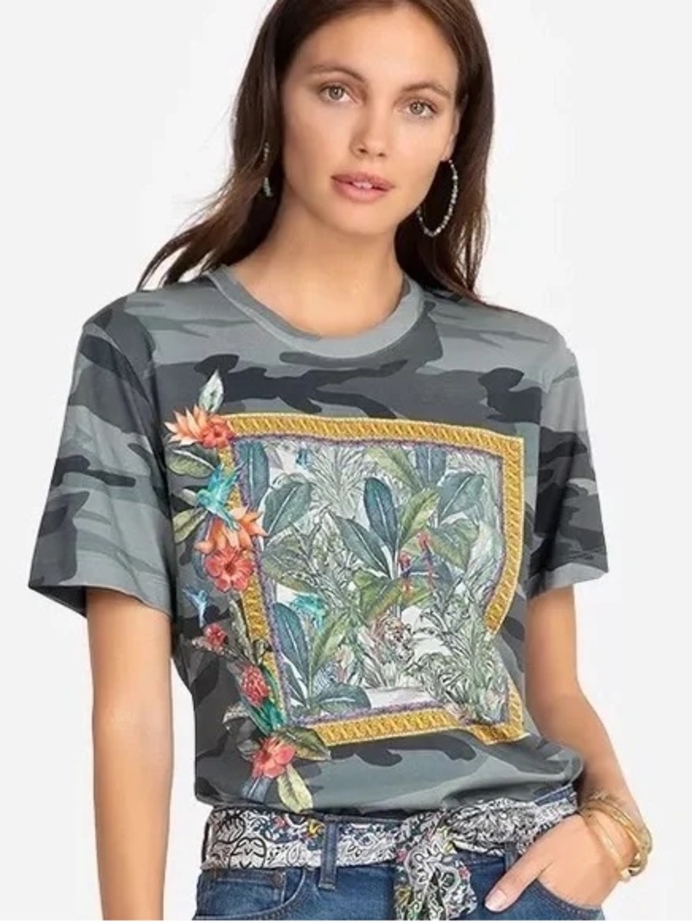 Johnny Was Gray Camo tiger Porthos scarf graphic tee